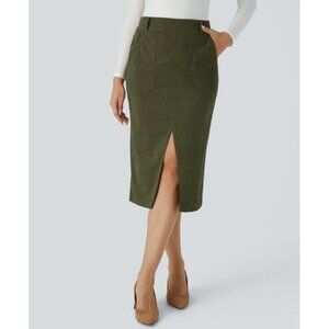 Halara Mid Rise Side Pocket Split Midi Corduroy Casual Skirt Sz XL Womens